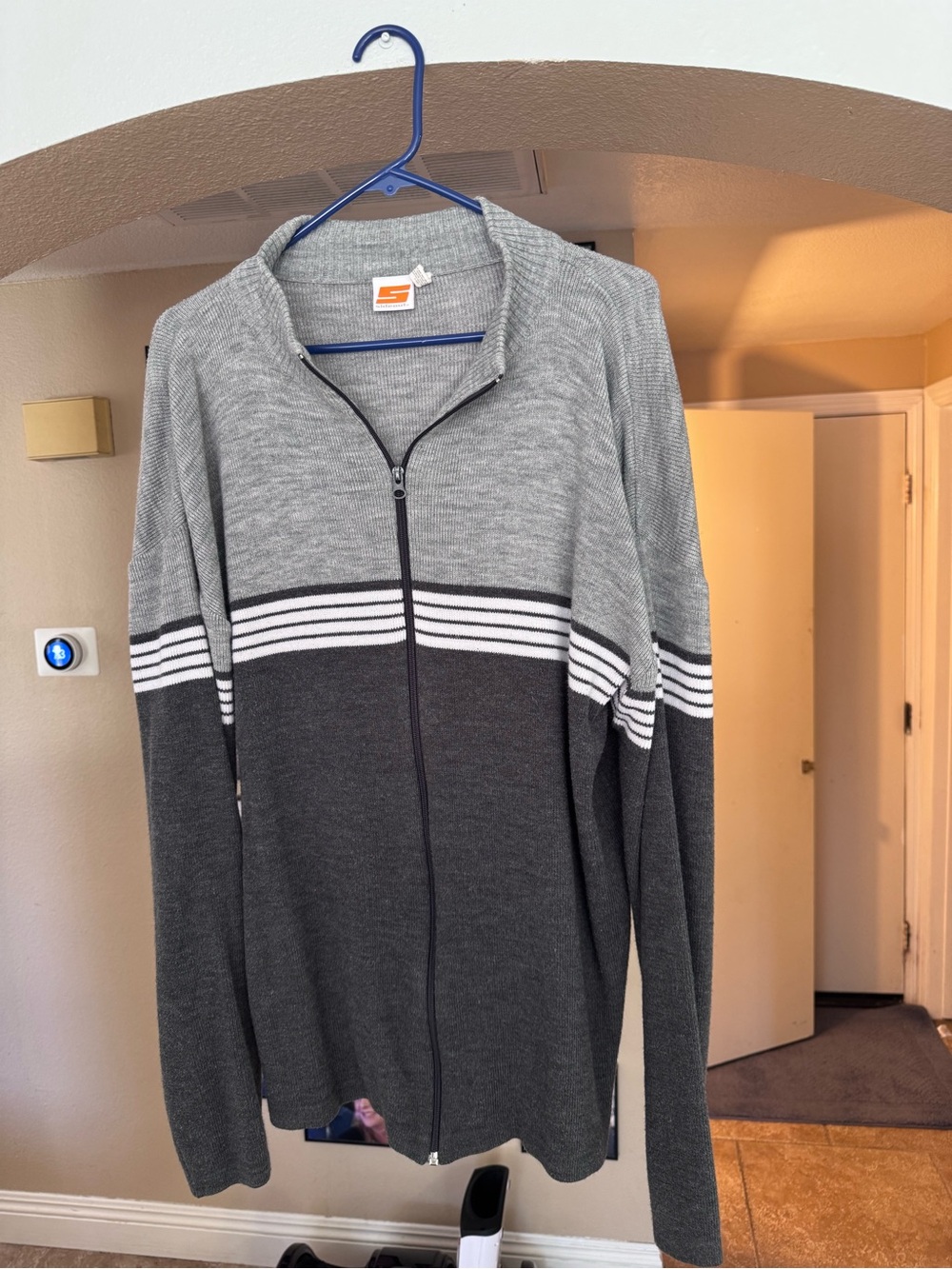 Men's Full-Zip Grey Knit Sweater with White Stripe